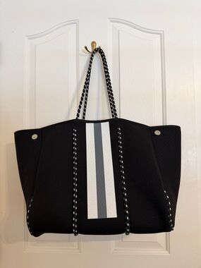 Black Neoprene Tote with Striped Accent